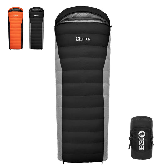 QEZER Daunenschlafsack Ultraleicht Schalfack mit Premium Daunen 8C° bis -3C° [1080 g] für Camping Wandern und Trekking Outdoor 4 Jahreszeiten (Grau)