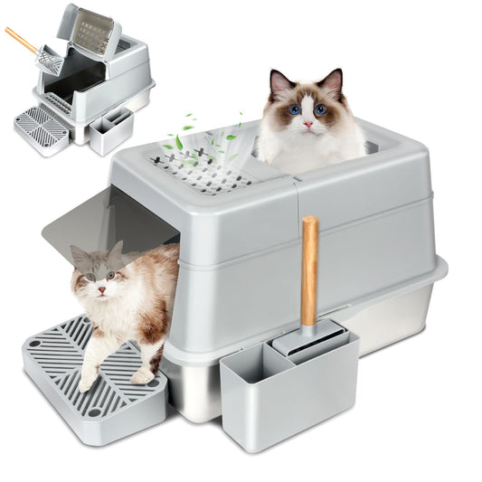 INSMEER Katzenklo Edelstahl mit Deckel, 30L Katzentoilette XXL Gross, mit Schaufel/Top Öffnung, geräumig für Katze bis 15 KG, auslaufsicher weniger Spuren, Leicht zu reinigen, 60 * 42 * 38CM