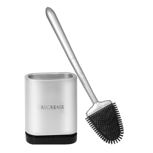 ASOBEAGE Silikon Toilettenbürste: Flexibler Kopf, Langer Griff, Wandmontage, schnell trocknende Halterung für die Reinigung des Badezimmers (Silber)