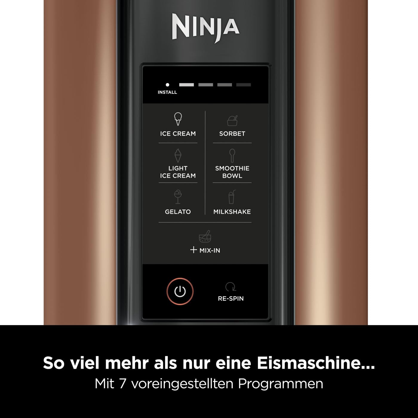Ninja CREAMi Eismaschine & Frozen Dessert Maker mit 3 Behältern, 7 Programmen, macht Eiscreme, Gelato, Sorbet, Smoothie Bowl, Milchshakes und mehr, macht 1,4 L Eiscreme, Schwarz & Kupfer, NC300EUCP