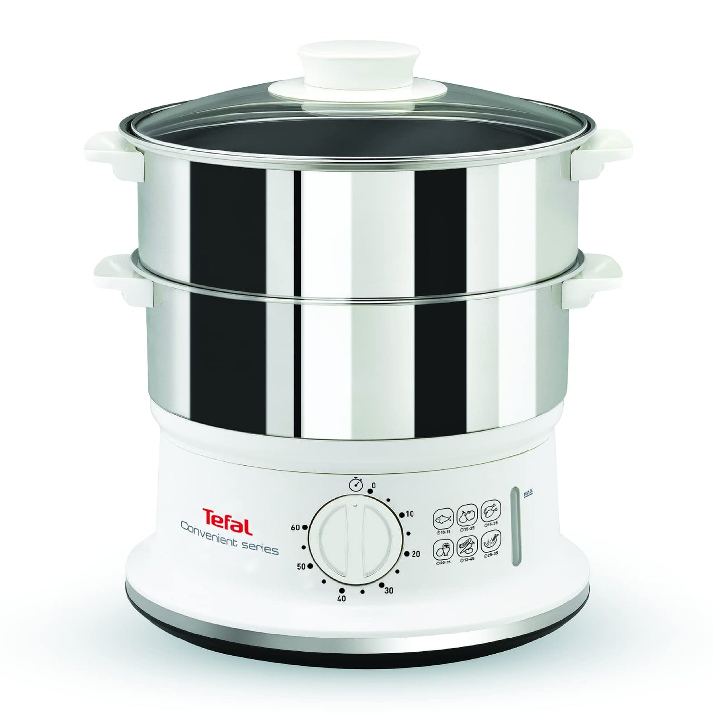 Tefal Dampfgarer elektrisch, 2 Edelstahlbehälter, 6L Fassungsvermögen, Dampfkocher mit 24cm Durchmesser, Timer und automatische Abschaltung, 900W, weiß, VC1451