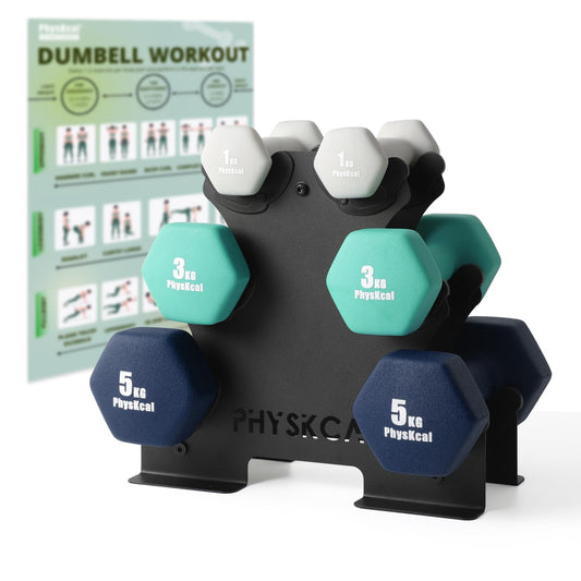 PhysKcal Kurzhantel Set, Hexagon Hantelset mit Stahl Hantelständer, 2 x 1 kg, 2 x 3 kg, 2 x 5 kg, Mattes Finish, Neopren-Beschichtung, Krafttraining