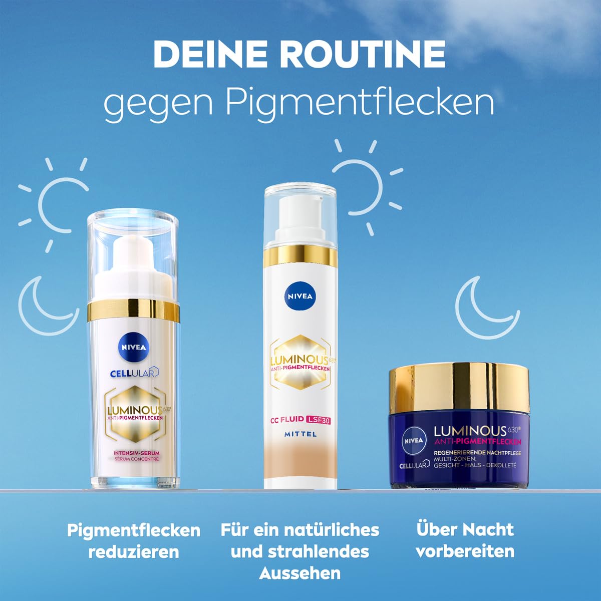 NIVEA Luminous 630 Anti-Pigmentflecken CC Fluid LSF 30 für mittlere Hauttöne, CC Cream mit Hyaluron und mikroverkapselten Farbpigmenten, Tagescreme mit LSF 30 für einen ebenmäßigen Teint (40 ml)
