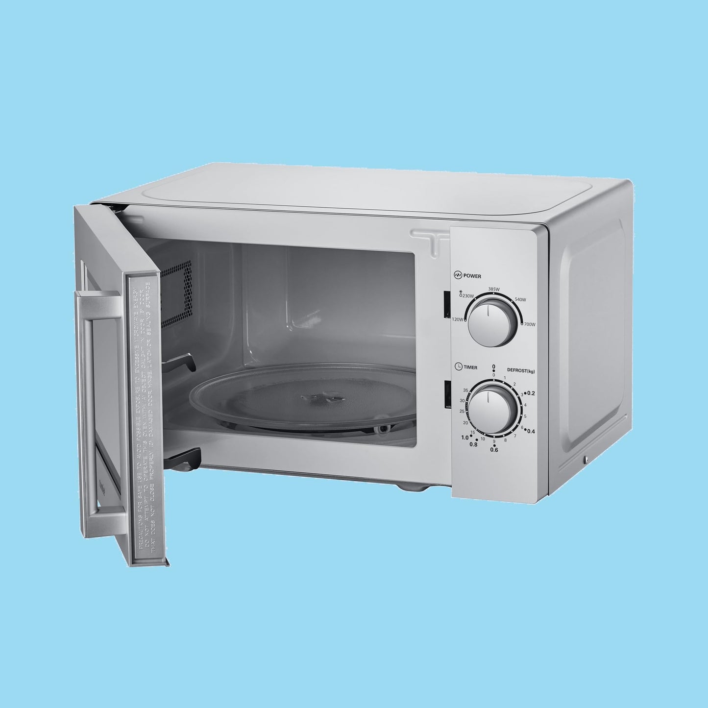 Comfee CMSN 20 si Mikrowelle / Solo-Mikrowelle mit 5 Leistungsstufen/ Innenbeleuchtung/ easy Defrost/360°Drehteller / Zwei Drehregler/20L/700W/ Silber