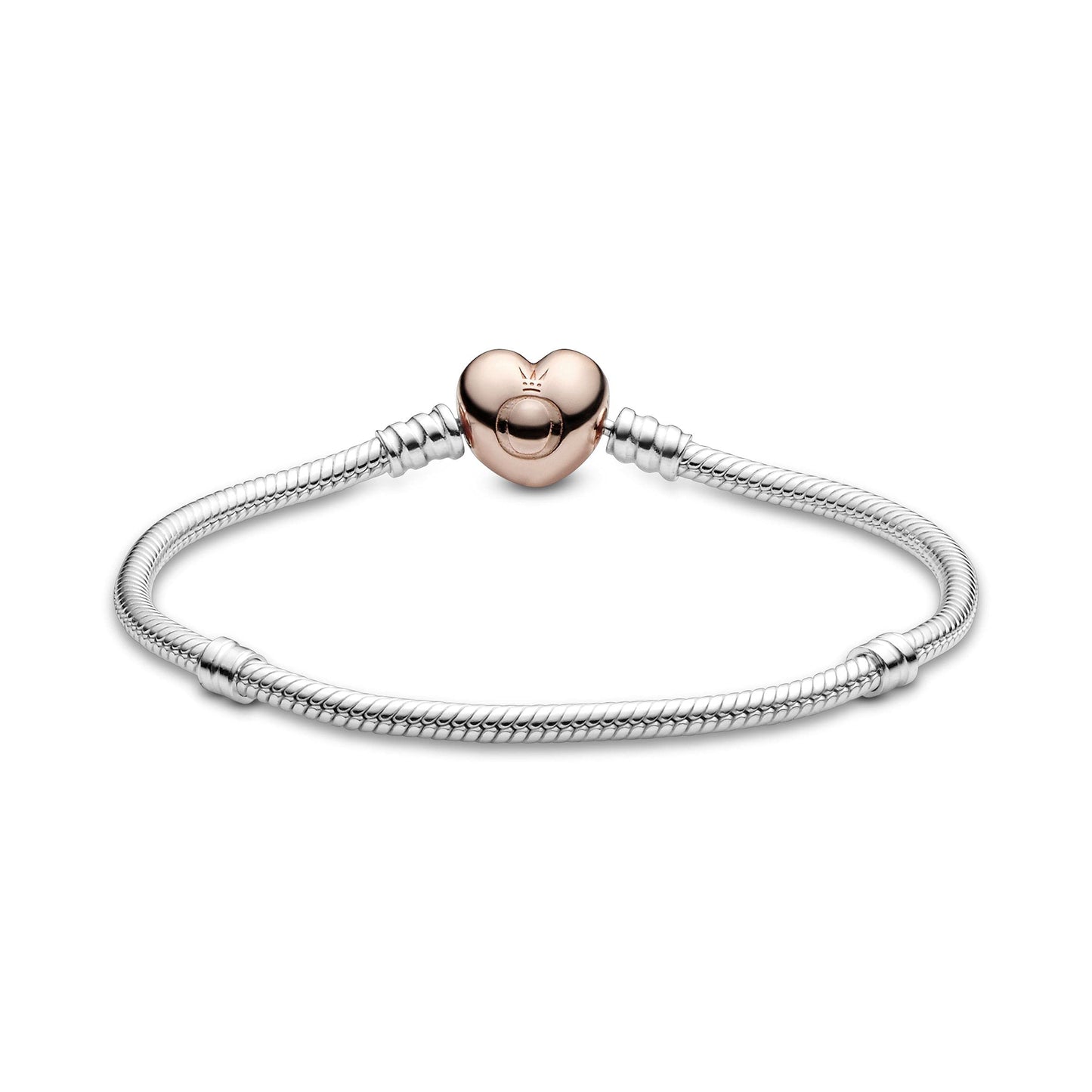 PANDORA Moments Schlangen-Gliederarmband mit Herz-Verschluss aus Sterling-Silber und rosévergoldeter Metalllegierung, kompatibel mit Charms und Anhängern aus der Moments Kollektion, Größe: 17cm