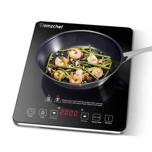 Induktionskochfeld 1 Platte, AMZCHEF Kochplatte Induktion mit ultradünnem Design, 20-Temperaturstufen und 20-Leistungseinstellung, 2000W Induktionskochplatte mit 3-Stunden-Timer, Sicherheitsschloss