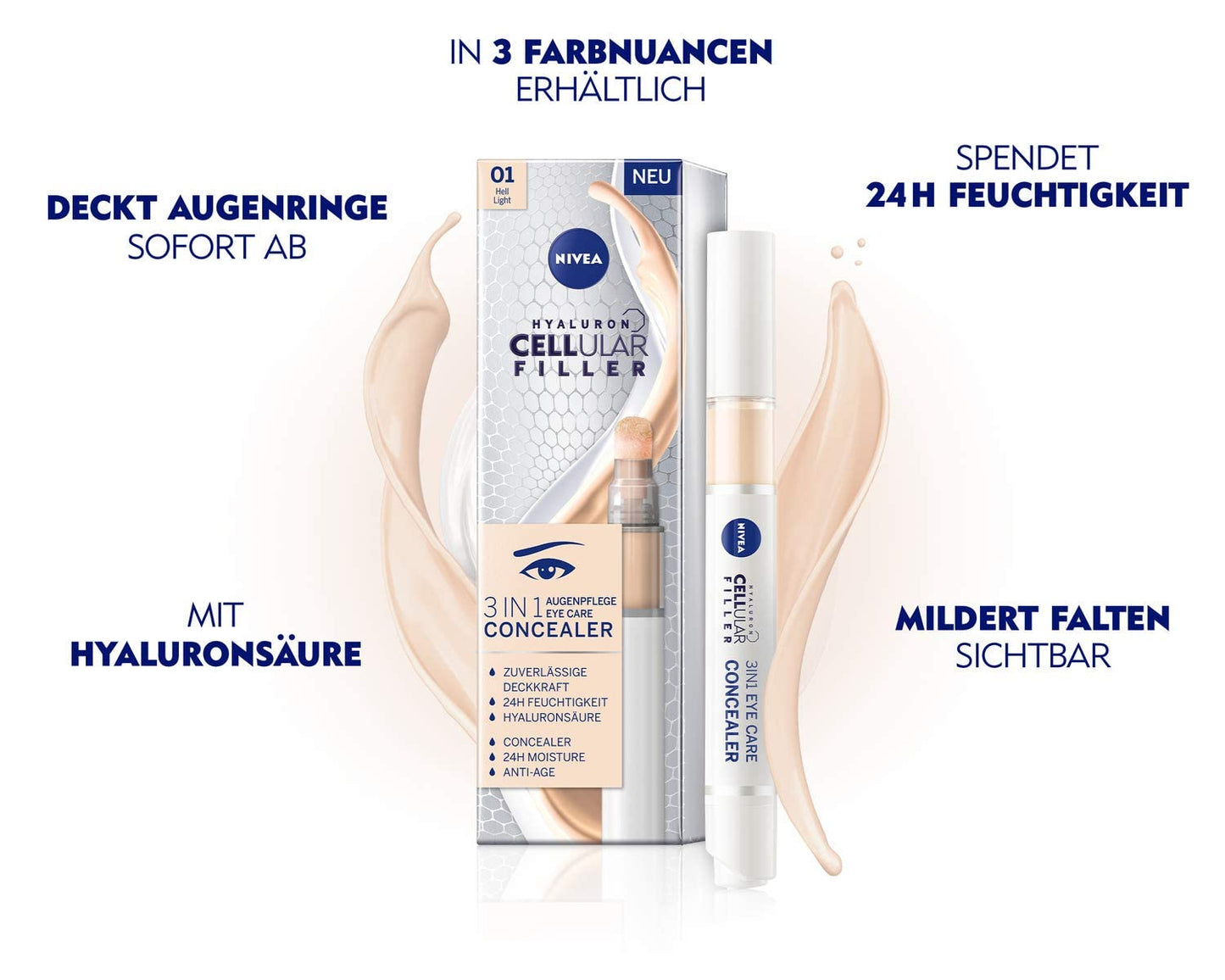 NIVEA Hyaluron Cellular Filler 3IN1 Augenpflege Concealer Hell (4 ml), Anti-Age Concealer mit Hyaluron, Abdeckstift für Augenringe, Rötungen und Pickel