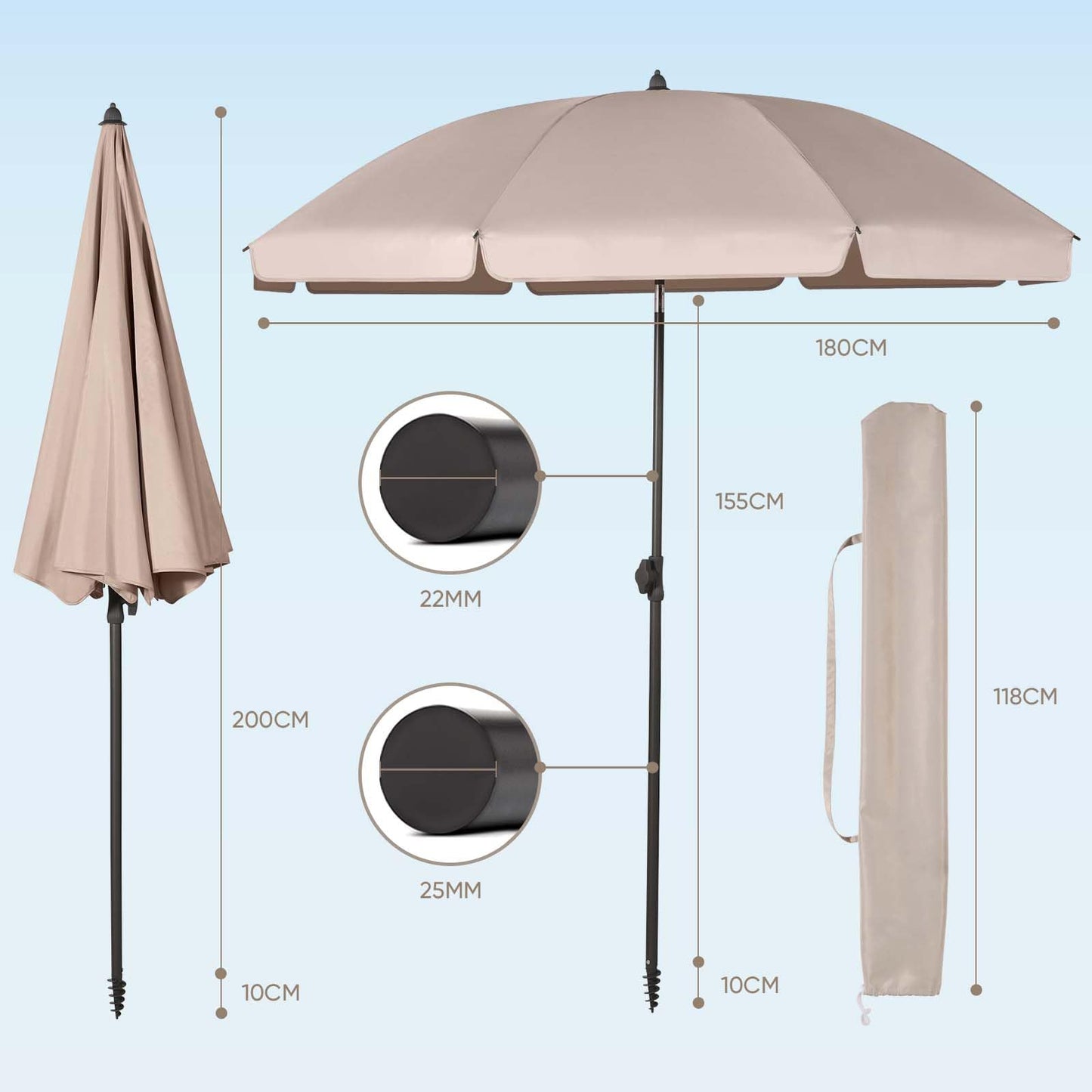 Sekey 180 cm Sonnenschirm Balkon mit Bodenhülse & Schutzhülle, Neigungs und Höhenverstellung, Sonnenschirm Strand für Balkon, Garten & Terrasse, Runder Sonnenschutz UPF 50+