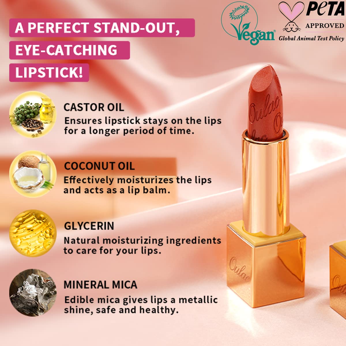 OULAC Lippenstift Metallic Glanz Finish, Nudetöne, Hochpigmentierter, Kein Körniges Gefühl, Langlebig, Feuchtigkeitsspendende Formel, Vegan, 4.3g, (10) Sahara Gold