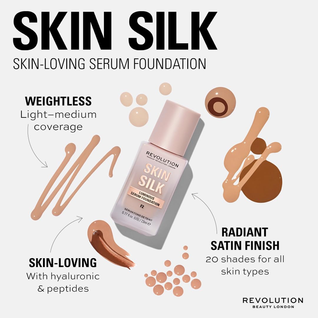 Makeup Revolution, Skin Silk Serum Foundation, Light to Medium Coverage, Contains Hyaluronic Acid, F8, 23ml