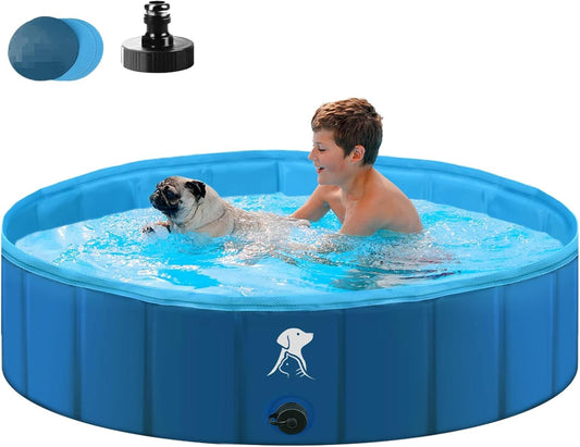 Fwiull Hundepool für Große & Kleine Hunde, Faltbarer Hunde Planschbecken 140 * 30CM Hundebadewanne Stabiler Swimmingpool Haustier Kind Schwimmbecken rutschfest Tragbar Blau