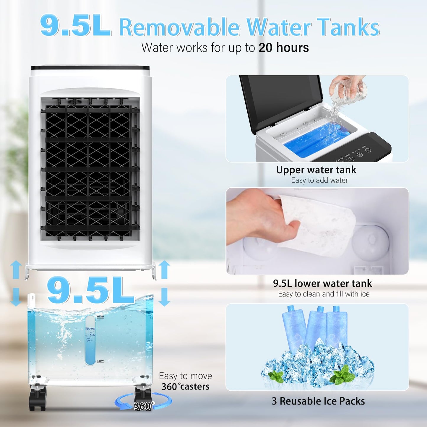 Mobile Klimaanlage Mobil Klimagerät Klimaanlage Ohne Abluftschlauch Luftkühler Ventilator mit Wasserkühlung 9,5L Wassertank 60W Verdunstungskühler Energiesparend 7h Timer Oszillierend für Zuhause/Büro