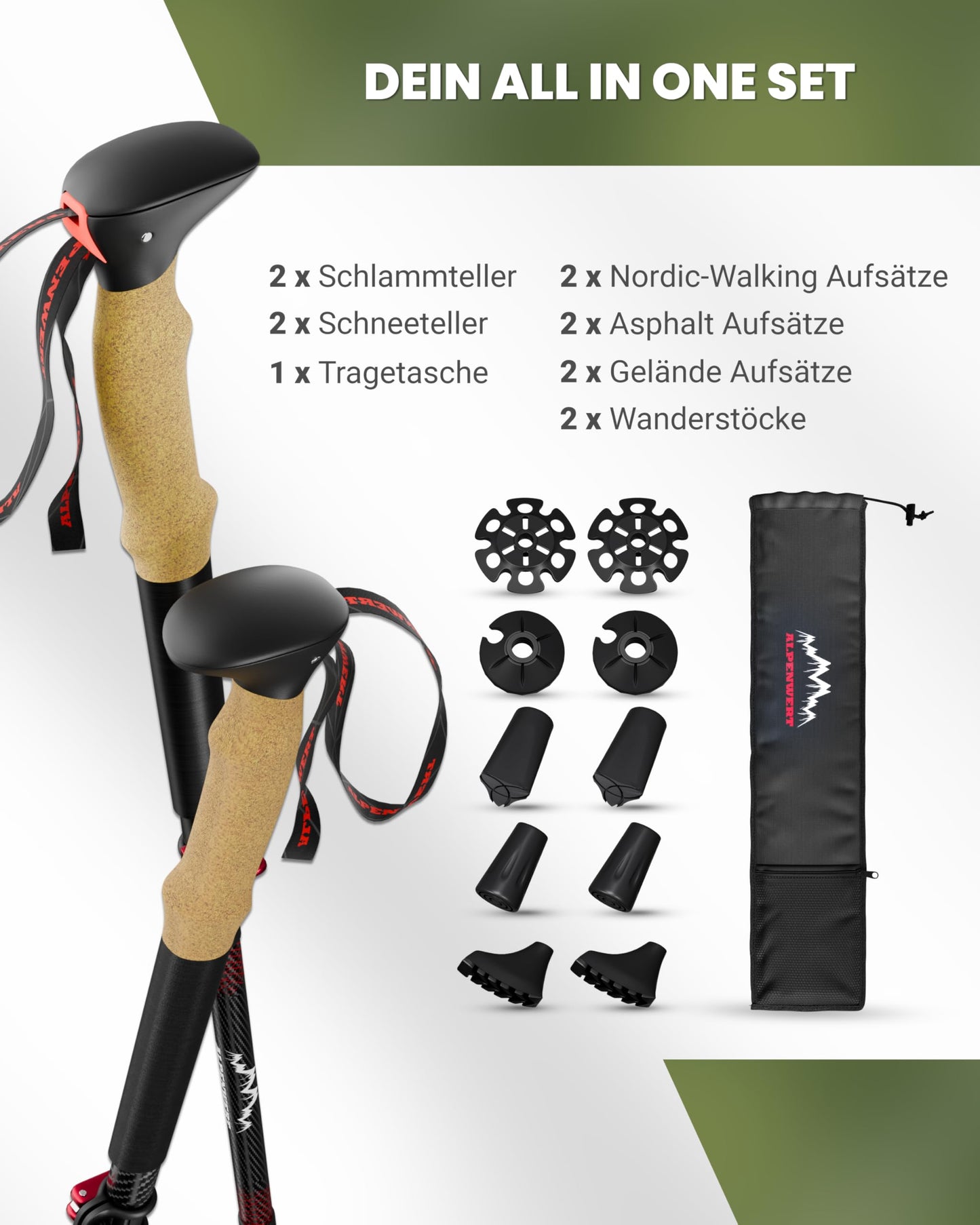 ALPENWERT Wanderstöcke faltbar [Carbon & Aluminium] Nordic Walking Stöcke Damen & Herren klappbar Trekkingstöcke – Ideal für Wandern, Trekking, UVM. (Carbon)