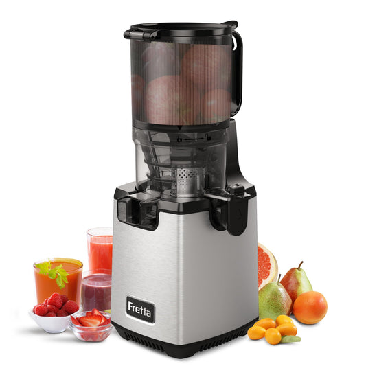 Fretta Slow Juicer Entsafter Gemüse und Obst Testsieger, 250W Edelstahl Saftpresse Elektrisch Obstpresse Kaltpresse Saftmaschine mit 135mm Großem Öffnung, Leicht zu Reinigen, Umkehrfunktion, BPA Frei