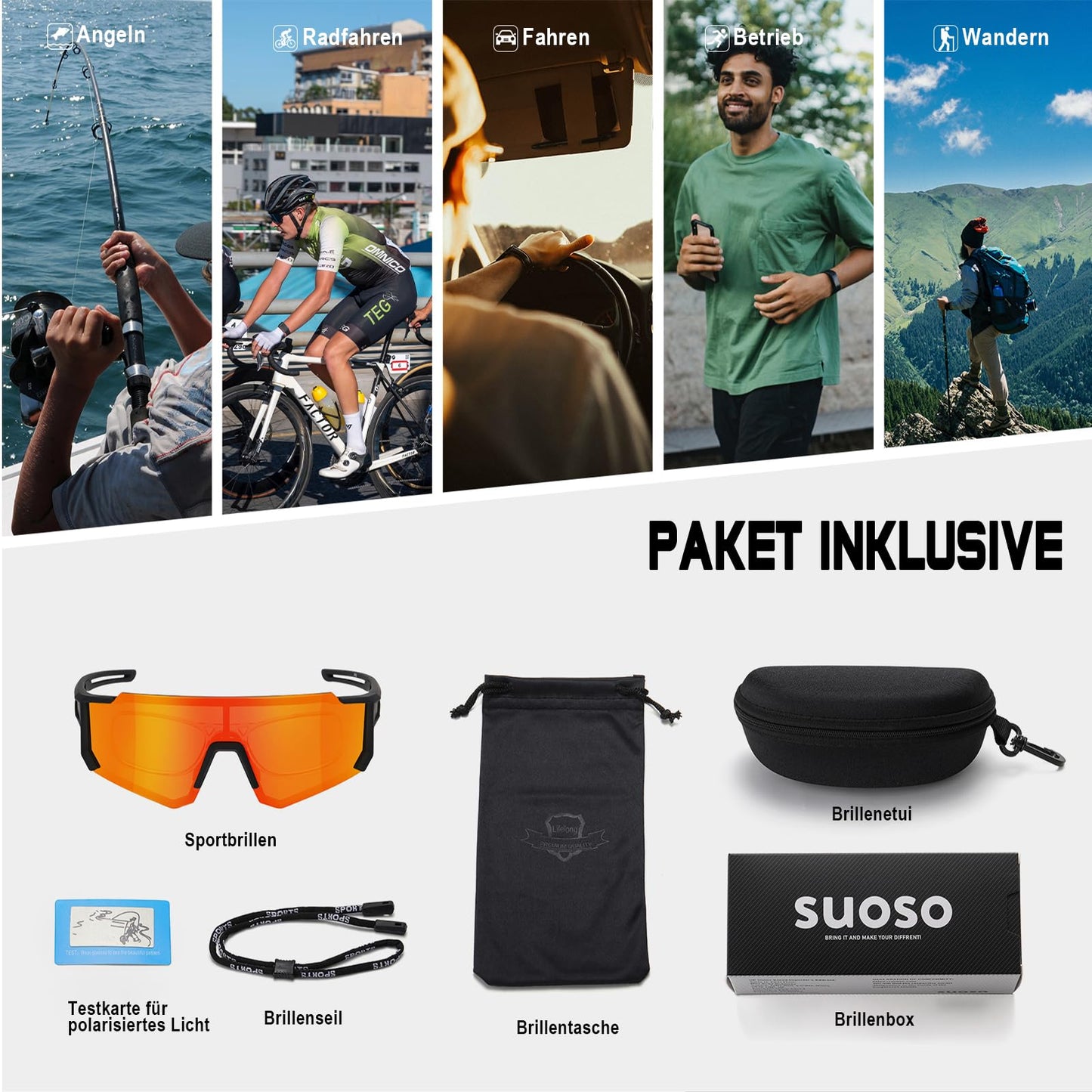 suoso Sportbrille-Sonnenbrille Herren-Damen-Fahrradbrille-Sunglasses men-Polarisiert-UV400-Damen-Ski Sonnenbrille-Schnelle Brille Rave-Radfahren-Fahrrad-Angeln-Rennrad brille 1-Schwarz rot