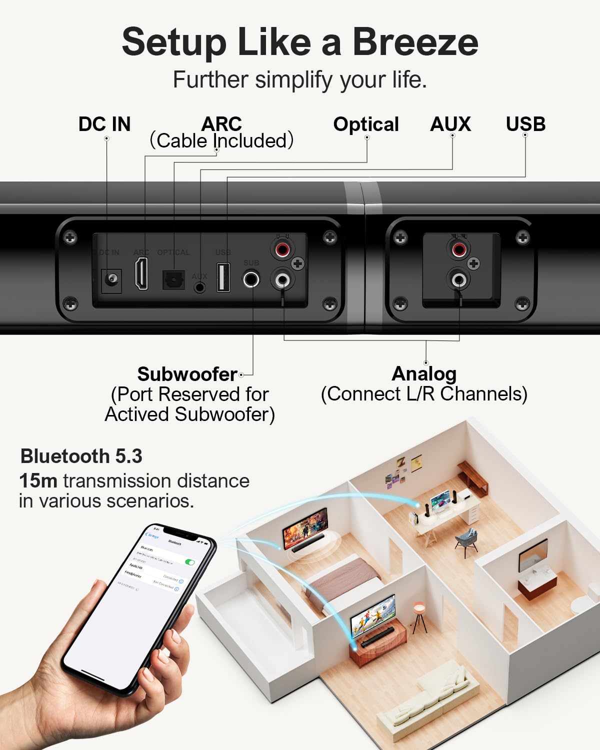 ULTIMEA 2.2-Kanal Soundbar für TV Geräte, App, teilbare 2-in-1 Soundbar für Fernseher, Bluetooth 5.3, TV-Lautsprecher mit 3 EQ-Modi und verstellbarem Bass, ARC/Optisch/Aux, Apollo S40, 2025 Version