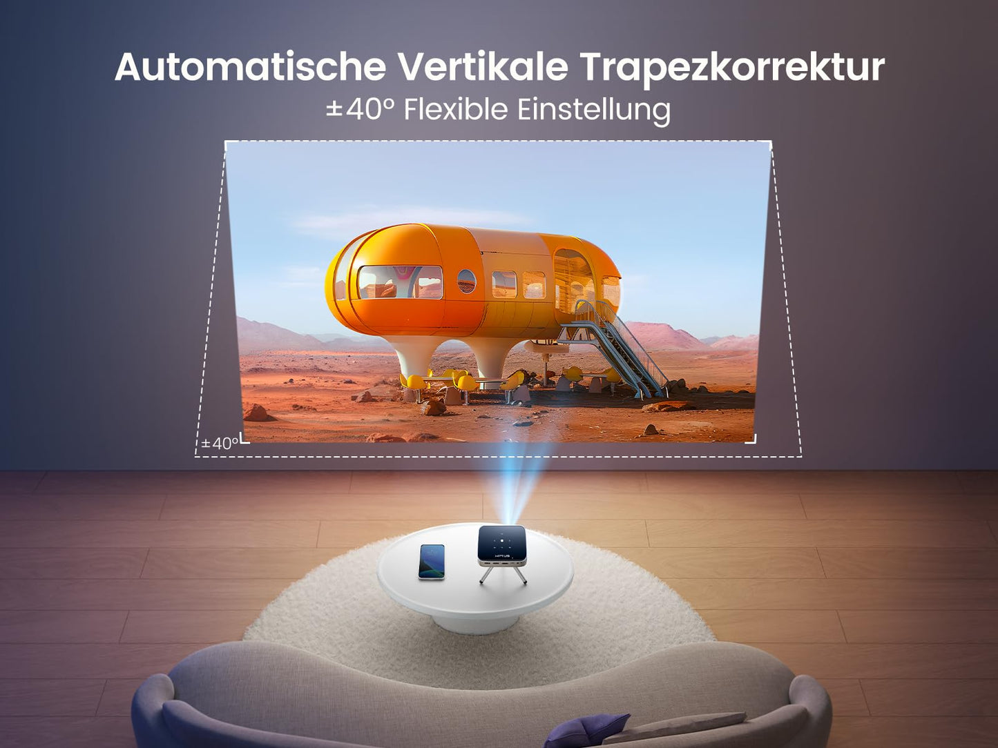 Mini Beamer, Android 11.0 DLP Ultrakurzdistanz Smart Beamer mit Akku, WiFi6 Bluetooth Portabler Beamer 1080P Full HD Unterstützung, Staubdicht Projektor Handy für Outdoor/Heimkino