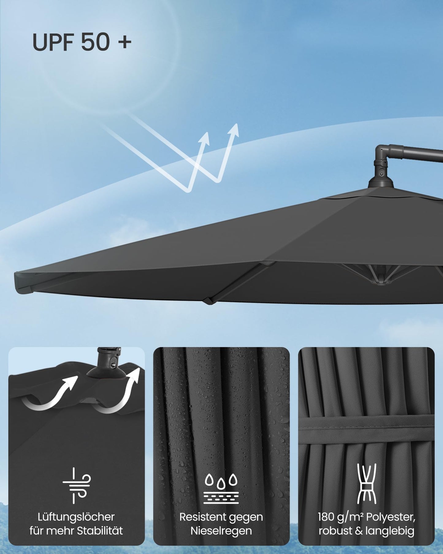 SONGMICS Sonnenschirm, Ampelschirm 300 cm d, mit Ständer, Sonnenschutz Balkon, Balkonschirm, UV-Schutz UPF 50+, mit Kurbel zum Öffnen und Schließen, für Terrasse, Garten, grau GPU116G01