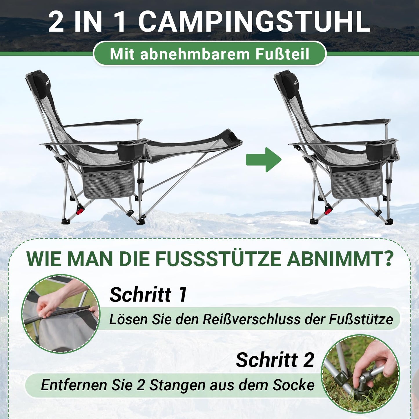 #WEJOY 2-in-1 Campingstuhl Faltbar mit Verstellbarer Rückenlehne & Fußstütze Campingstuhl Outdoor, Strandstuhl liegestuhlmit Wattepad Kissen Getränkehalter Armlehnentaschen Schwarz/Grau