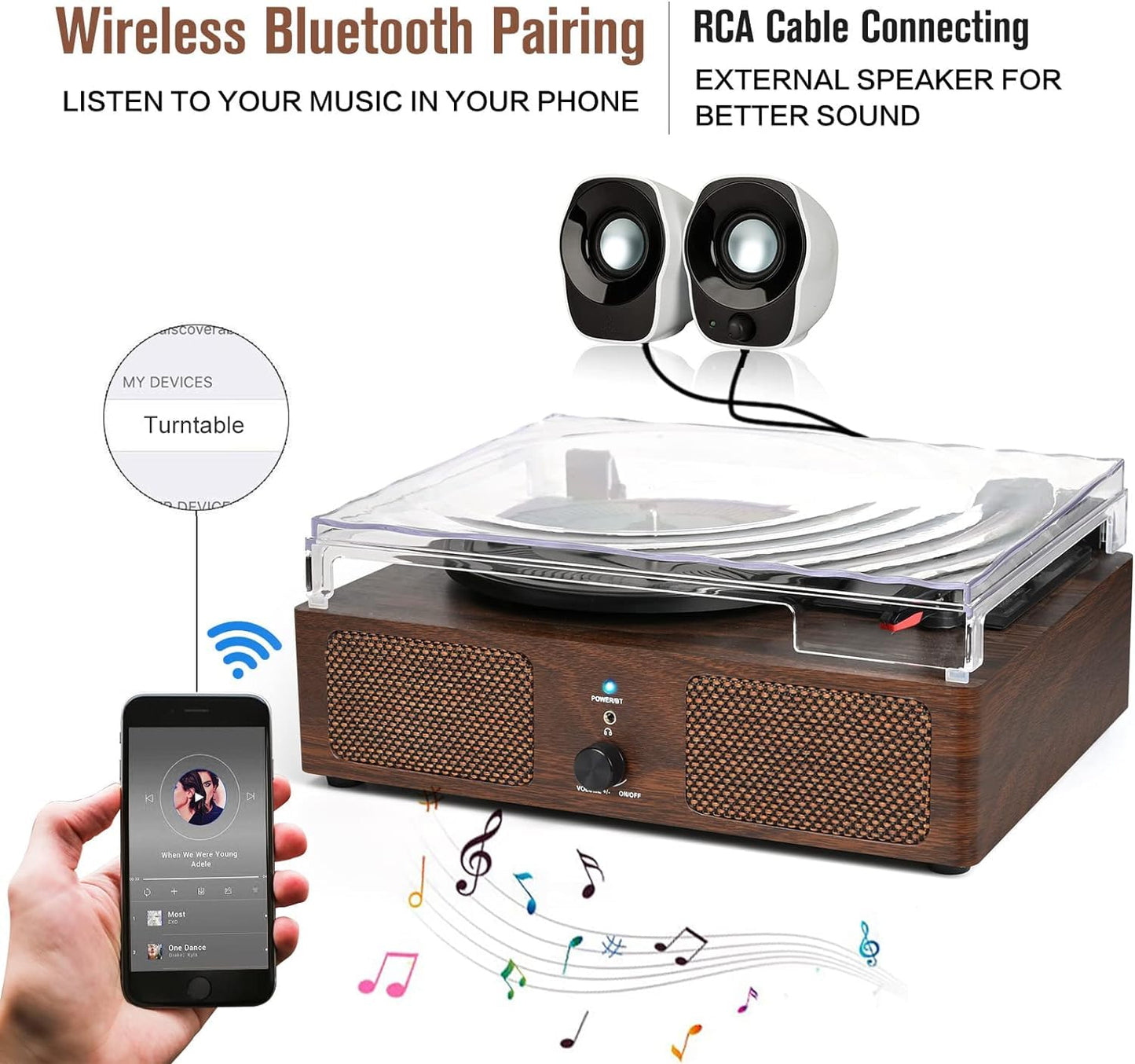 Udreamer Schallplattenspieler, Plattenspieler mit integrierten Lautsprechern und Bluetooth Riemenantrieb, Vintage-Phonograph mit 3 Geschwindigkeiten für Musikgenuss und Heimdekoration Kaffee