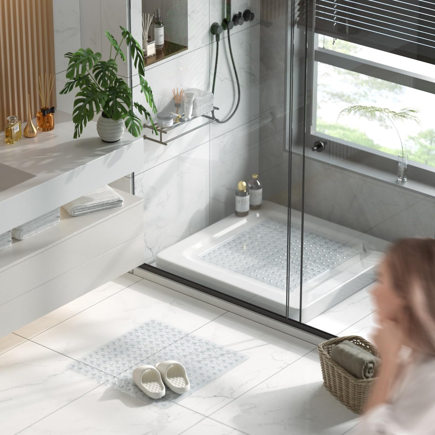 HITSLAM Duschmatte rutschfest, Antirutschmatte für die Dusche 53x53cm, Badewannenmatte mit Saugnäpfen-100% BPA-frei, Quadrat Rutschmatte Dusche schimmelresistent & maschinenwaschbar, Transparent