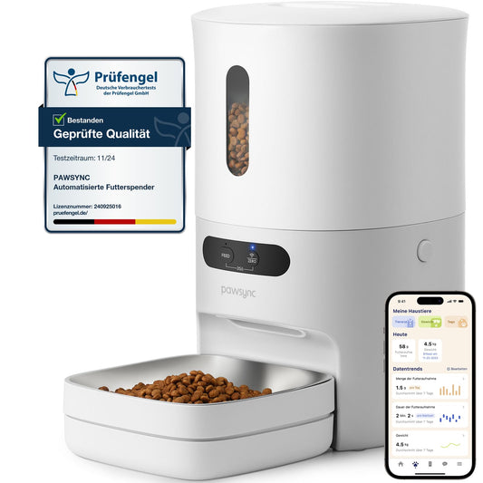 Pawsync Smart Futterautomat, 3 Stück, Farbwechselnde Erinnerung, Haustierfutter-Trockenmittel hält Futter trocken & frisch, bis zu 3 Monate, App-Benachrichtigungen