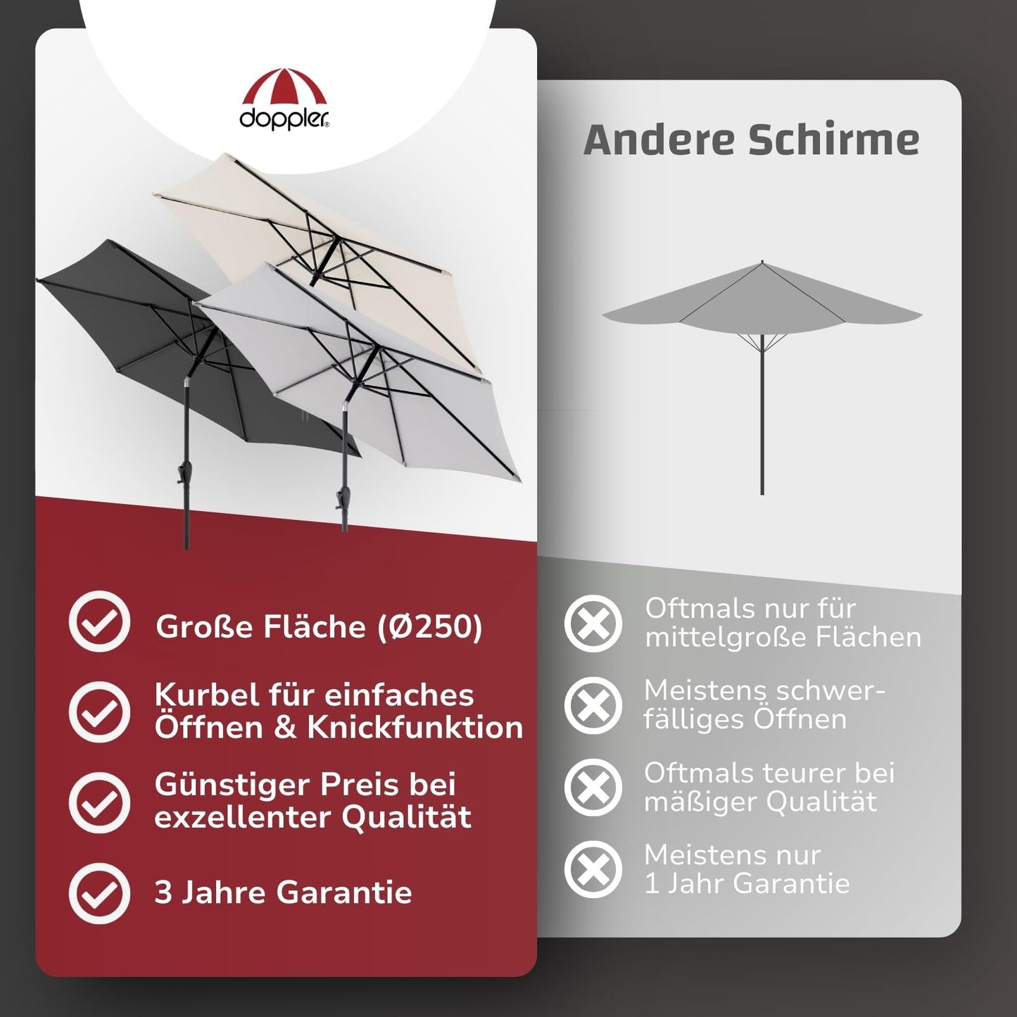Doppler Sonnenschirm für den Garten Jack 250cm in Natur - Runder Sonnenschirm für Balkon & Terrasse - Schirm knickbar - Balkonsonnenschirm - Kurbelschirm - Gartenschirm mit Kurbelfunktion