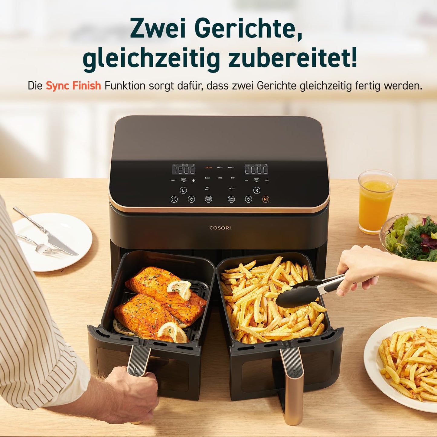 COSORI Heißluftfritteuse 2 Kammern, Testsieger der Stiftung Warentest, 6-in-1 Dual Zone Airfryer 8,5 L, Doppelkammer mit Sichtfenster für vollständige Mahlzeit, Gold