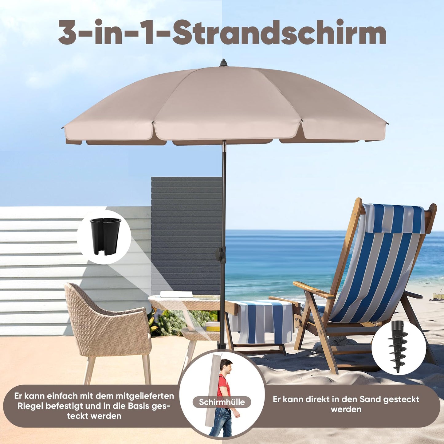 Sekey 180 cm Sonnenschirm Balkon mit Bodenhülse & Schutzhülle, Neigungs und Höhenverstellung, Sonnenschirm Strand für Balkon, Garten & Terrasse, Runder Sonnenschutz UPF 50+