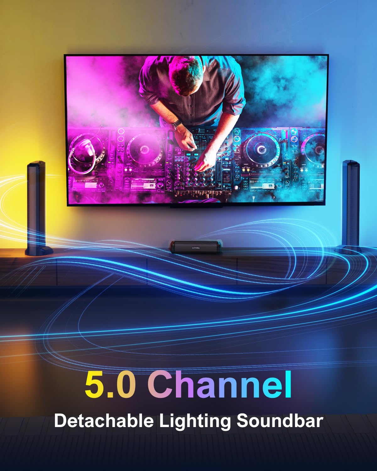 ULTIMEA 5.0ch Soundbar für TV Geräte, Soundbar mit RGB-Beleuchtung für Heimkino, teilbare PC Soundbar mit App-Steuerung, Soundsystem mit verstellbarem EQ, Bluetooth 5.3, HDMI-ARC/Opt/AUX, Apollo S70