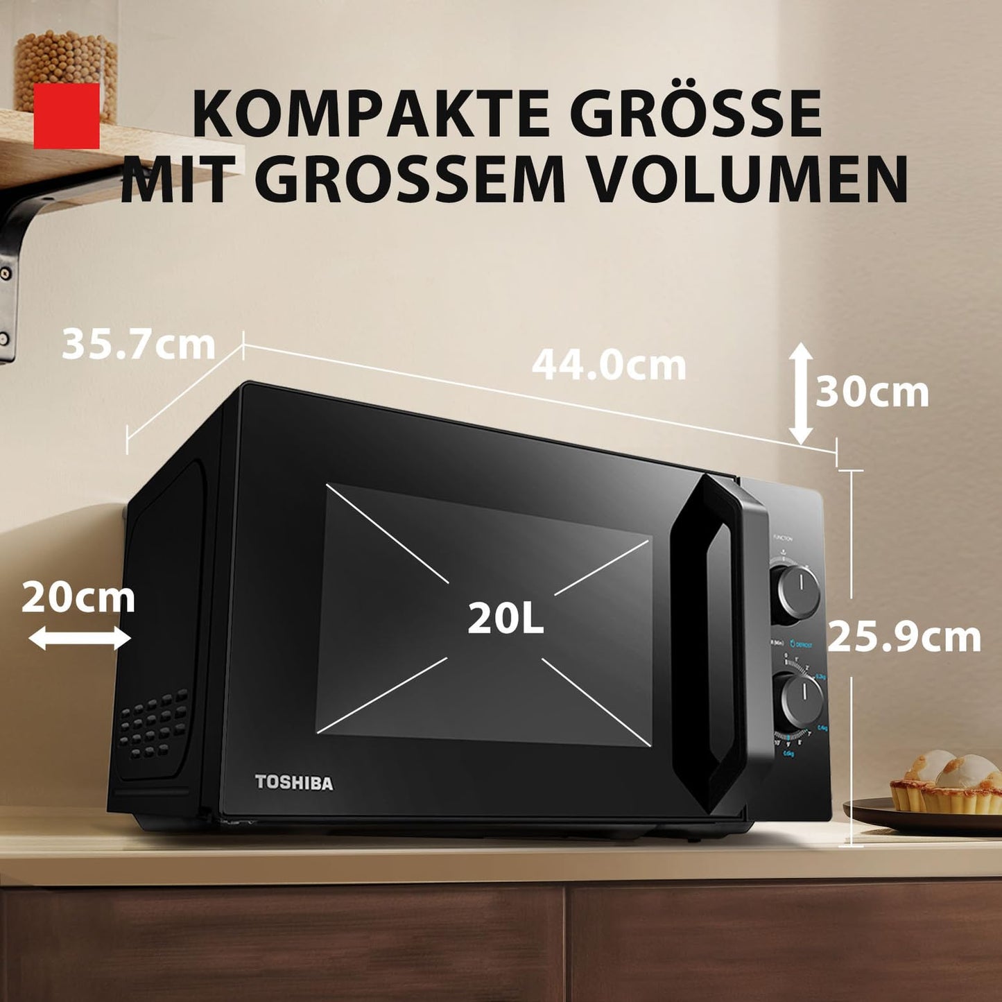 Toshiba MW2-MM20PF(BK) Freistehend Mikrowelle/Solo-Mikrowelle / 20L / 800W / 5 Leistungsstufen mit praktischer Auftaufunktion/LED-Beleuchtung im Innenraum/Schwarz