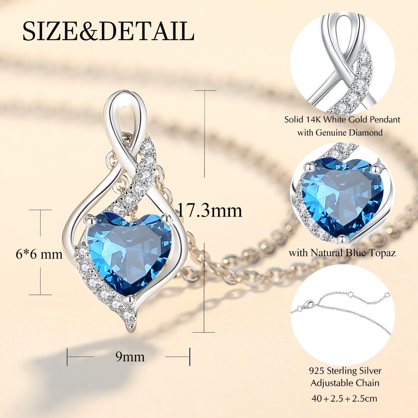 FANCIME Solide 14 Karat Weißgold Unendlichkeit Herz Topas und echt Diamant Anhänger Halskette, Feine Geschenk Schmuck für Damen Mädchen, 925 Silber Kette: 40 + 5 cm