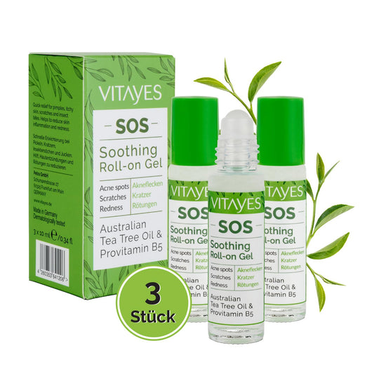 Vitayes SOS BIO Teebaumöl Roller, Ätherisches Öl gegen Pickel, Akne, Hautentzündungen, beruhigender Roll-on Stift, Pickel, unreine Haut, Vegan, gegen Hautrötungen, 3x 10ml
