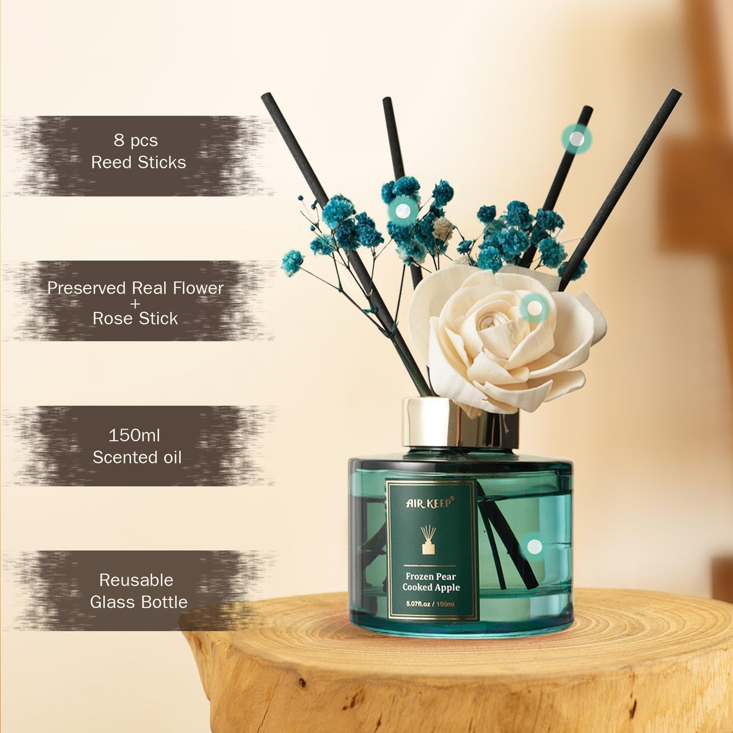 Airkeep Raumduft Frozen Pear Cooked Apple, Rose Reed Diffuser Set 150ml, Raumduft mit Stäbchen, Lufterfrischer Für Badezimmer, Wohnung, Heimdekoration