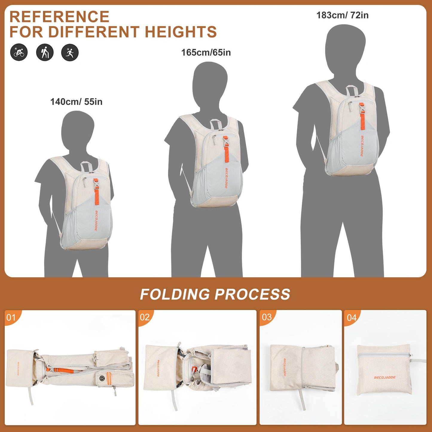 BECOJADDE 15L Wanderrucksack Herren Kleiner Rucksack Damen Leichter Daypack Tagesrucksack Faltbarer Trekkingrucksack für Camping Outdoor Wandern Travel Beige