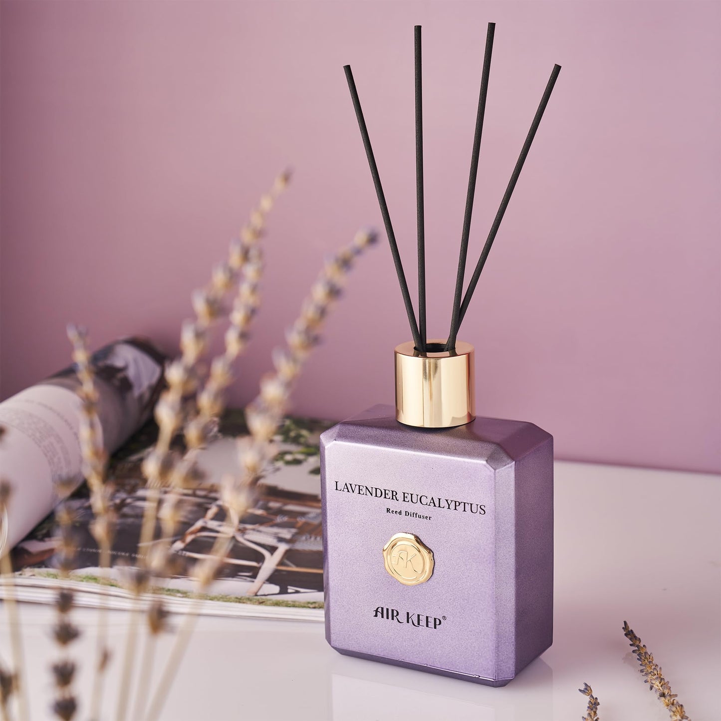Airkeep Raumduft 300ml, Lavendel-Eukalyptus Duft, Duftstäbchen mit 8 Stäbchen, Luxus Lufterfrischer für Zuhause, Büro & Bad