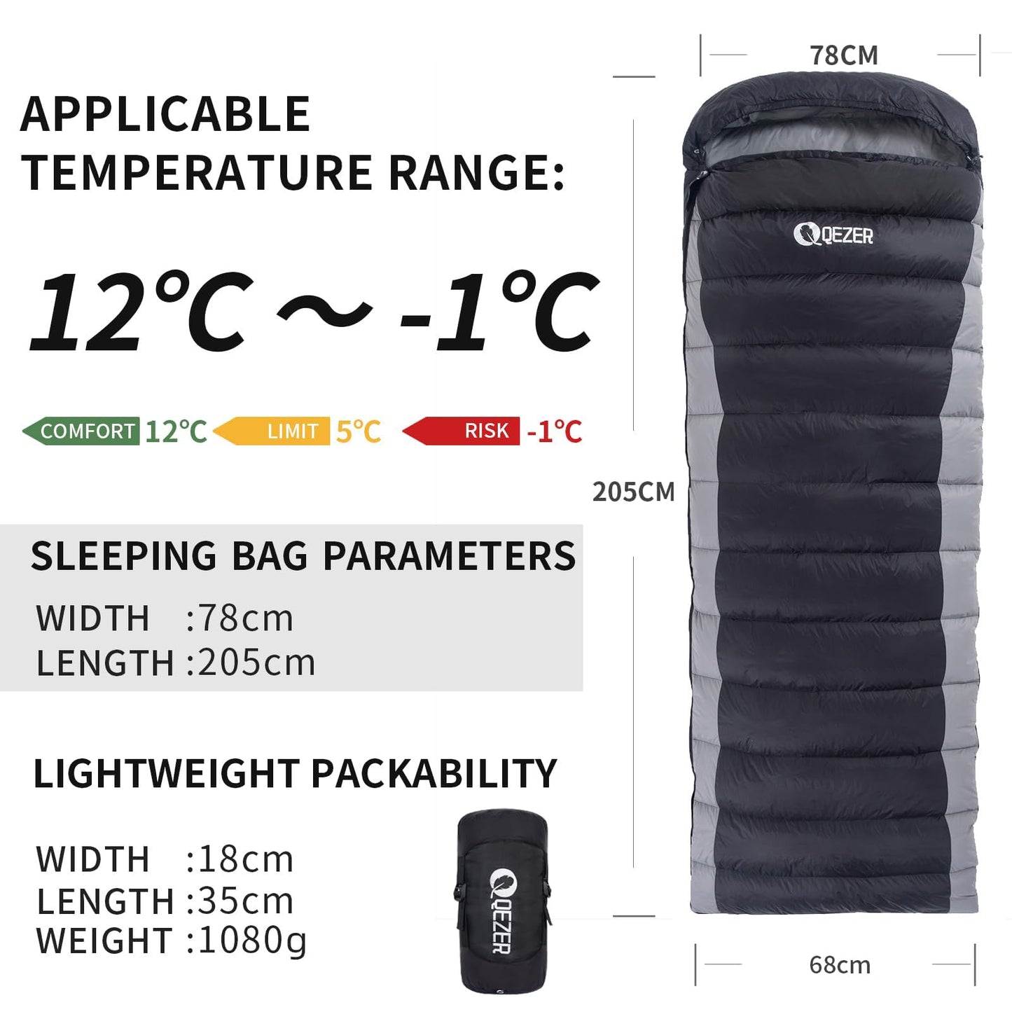 QEZER Daunenschlafsack Ultraleicht Schalfack mit Premium Daunen 8C° bis -3C° [1080 g] für Camping Wandern und Trekking Outdoor 4 Jahreszeiten (Grau)