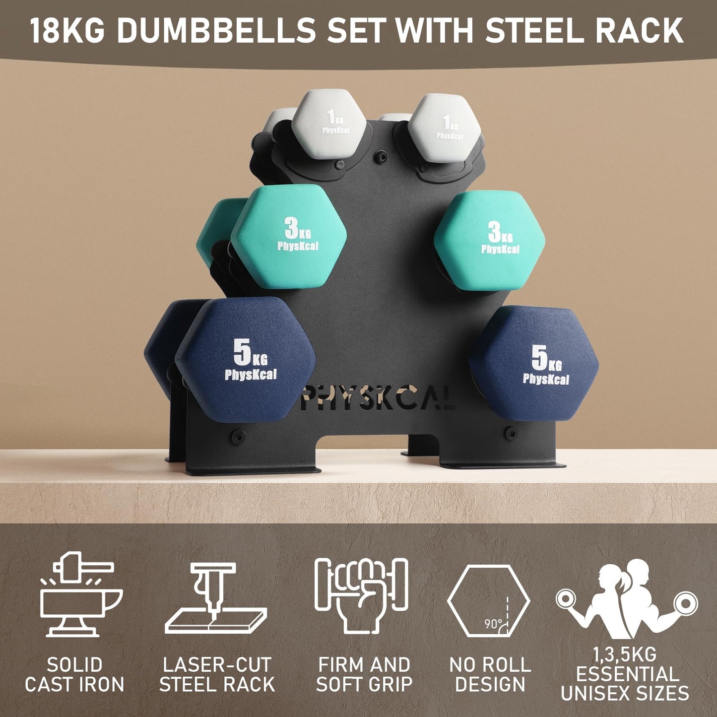 PhysKcal Kurzhantel Set, Hexagon Hantelset mit Stahl Hantelständer, 2 x 1 kg, 2 x 3 kg, 2 x 5 kg, Mattes Finish, Neopren-Beschichtung, Krafttraining