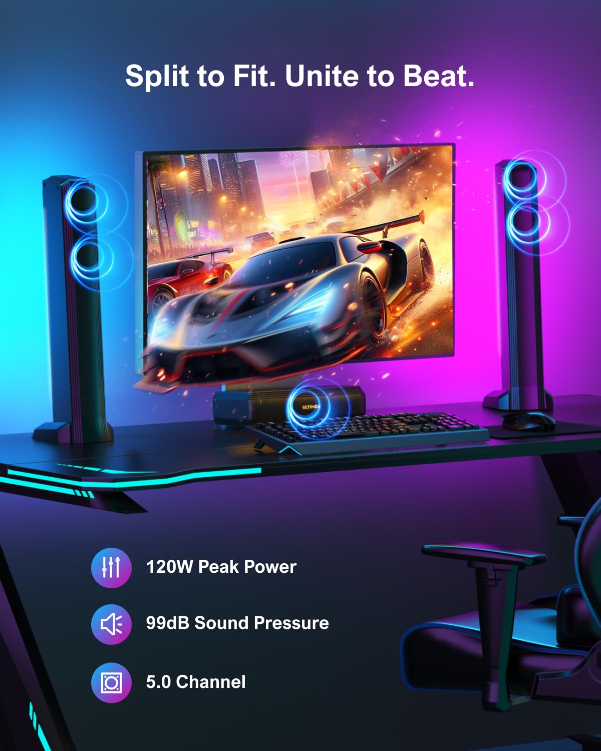 ULTIMEA 5.0ch Soundbar für TV Geräte, Soundbar mit RGB-Beleuchtung für Heimkino, teilbare PC Soundbar mit App-Steuerung, Soundsystem mit verstellbarem EQ, Bluetooth 5.3, HDMI-ARC/Opt/AUX, Apollo S70