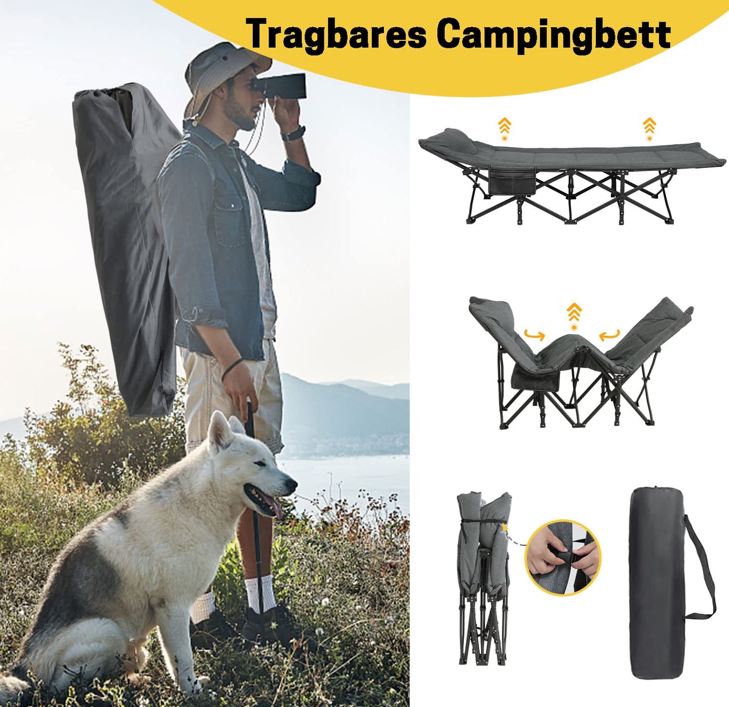 ATORPOK SHOP Campingbett feldbett klappbar, Faltbar Gästebett bis 200 kg für, Indoor, Outdoor, Strand und Garten (grau)