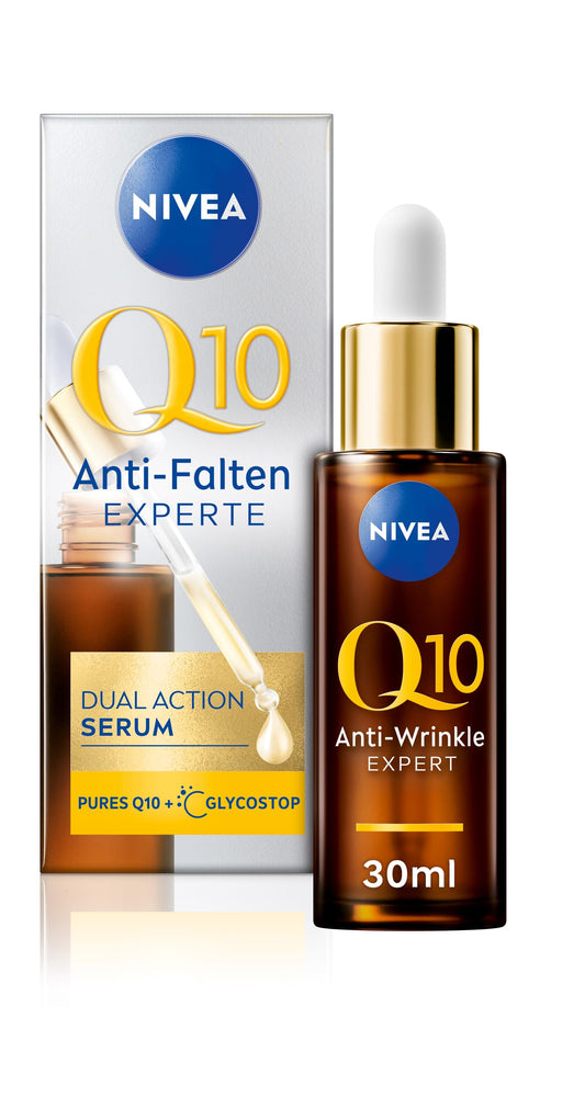 NIVEA Anti-Age Serum, Anti-Falten Serum mit Q10 mildert Falten und beugt ihrer Neuentstehung vor, straffendes Gesichtsserum mit Glycostop, Q10 Anti-Falten Experte Dual Action Serum (30 ml)