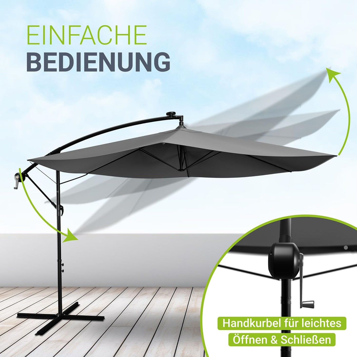 Juskys Ampelschirm Brazil 350 cm Kurbel Ständer - UV-Schutz wasserabweisend knickbar - Sonnenschirm Marktschirm - grau