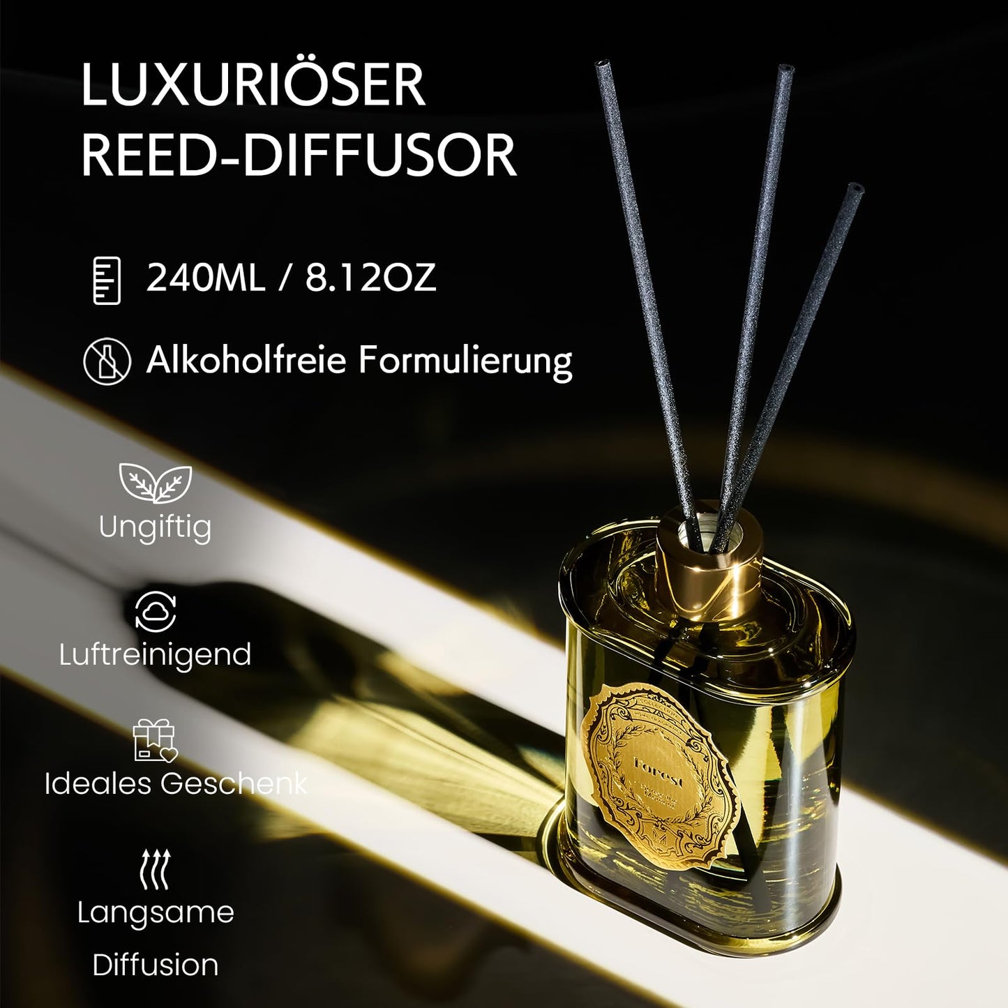 M&SENSE Raumduft Wald Duft 240ml|Reed Diffuser mit 5 Duftstäbchen|Luxus Lufterfrischer für Badezimmer,Wohnung,Heimdekoration|Raumduft Stäbchen