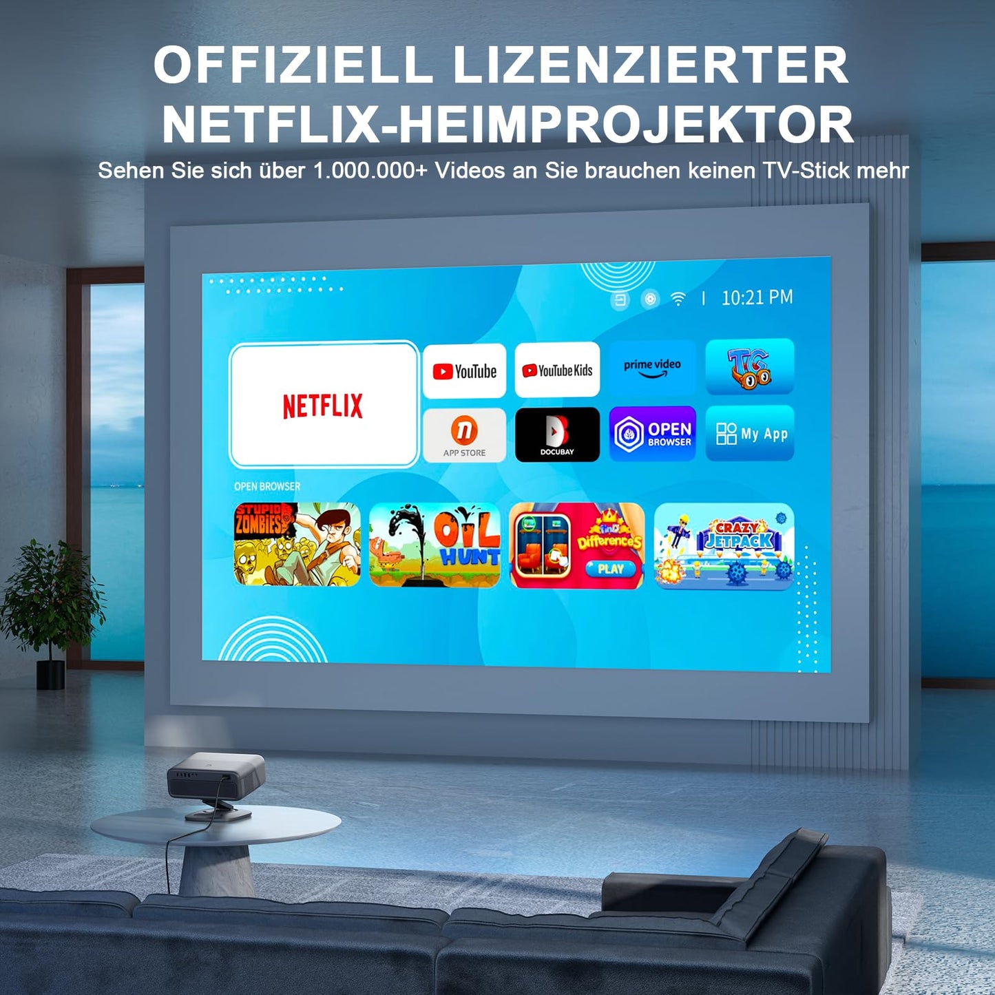 Smart Beamer 4K[Netflix Official & 3D Dolby Audio] VISSPL 28000 Lumen Autofokus/Auto Trapezkorrektur Projektor, WiFi6 Bluetooth Beamer 4K Heimkino, Outdoor Video Beamer Mit 360° Drehbarem Ständer