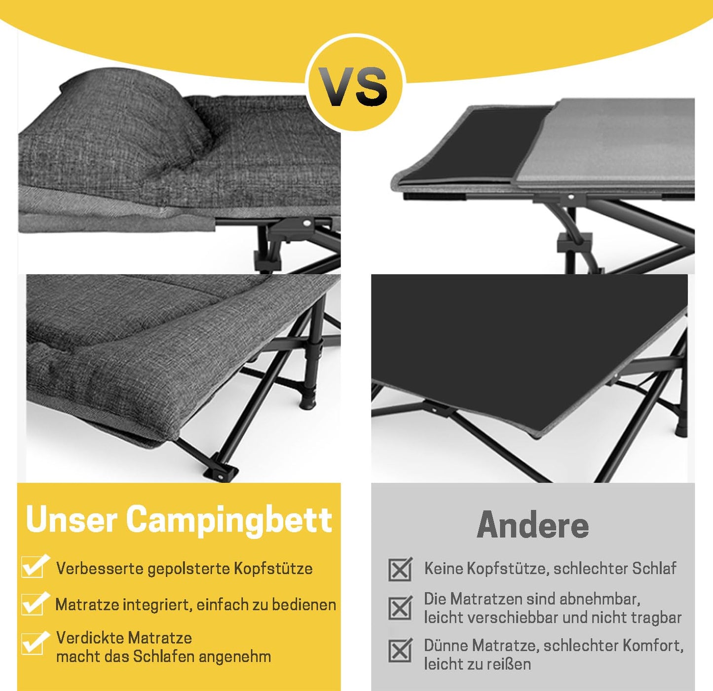 ATORPOK SHOP Campingbett feldbett klappbar, Faltbar Gästebett bis 200 kg für, Indoor, Outdoor, Strand und Garten (grau)