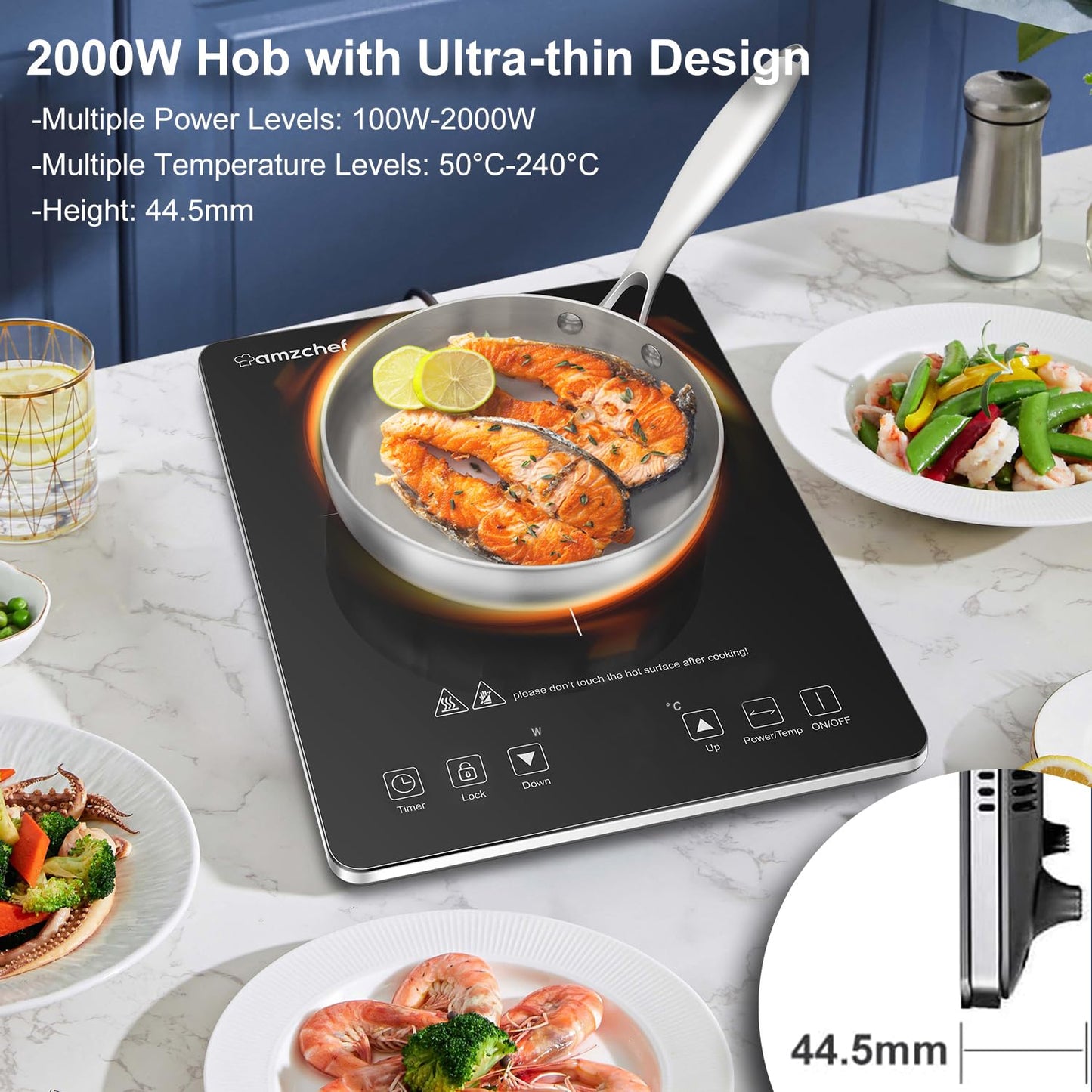 Induktionskochfeld 1 Platte, AMZCHEF Kochplatte Induktion mit ultradünnem Design, 20-Temperaturstufen und 20-Leistungseinstellung, 2000W Induktionskochplatte mit 3-Stunden-Timer, Sicherheitsschloss