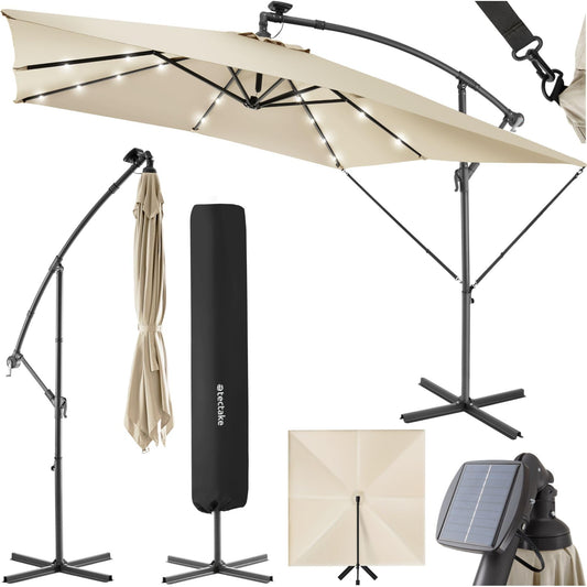 tectake® Sonnenschirm rechteckig, mit Solar LED Beleuchtung, wasserabweisend, inkl. Schutzhülle und Kurbel, Ampelschirm, Sonnenschutz Terrasse, Balkon Sonnenschirm groß, Marktschirm, Ø250cm - beige