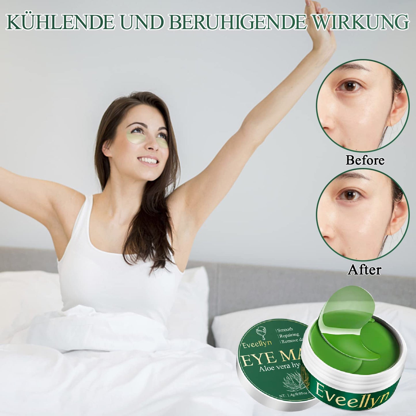Eveellyn Augenpads, 60Pcs Augenpads Gegen Augenringe, Aloe Vera Eye Pads, Hyaluronsäure Augenmaske Augenringe Entfernen, Gegen Falten,Tränensäcke, Puffiness