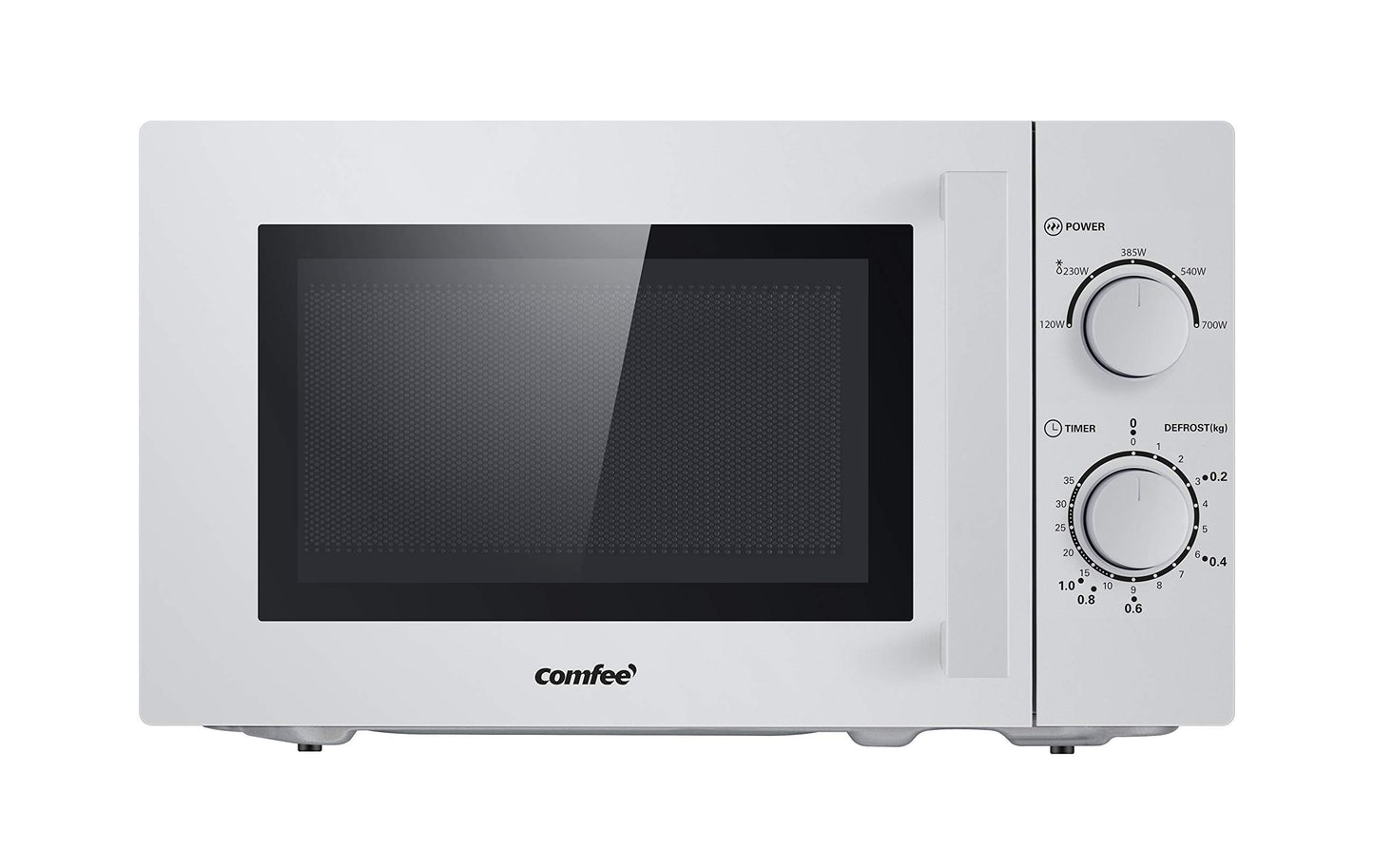 Comfee CMSN 20 si Mikrowelle / Solo-Mikrowelle mit 5 Leistungsstufen/ Innenbeleuchtung/ easy Defrost/360°Drehteller / Zwei Drehregler/20L/700W/ Silber