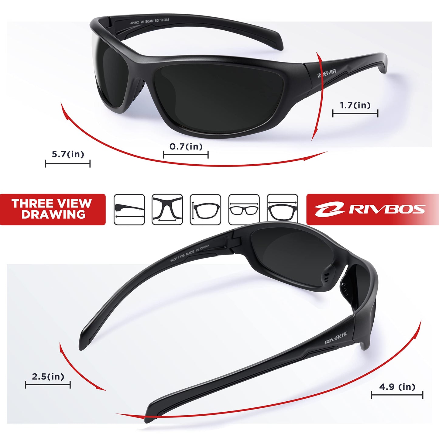 RIVBOS Sonnenbrille für Herren und Damen, polarisiert, UV400, Fahrradbrille, Sportbrille, Radfahren, Wandern, Laufen, Golf und Angeln, Fahren RB831